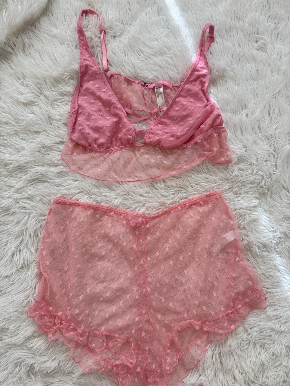 Sugar Thrillz Pink Sheer Lace Bralette & Ruffle Shorts Set